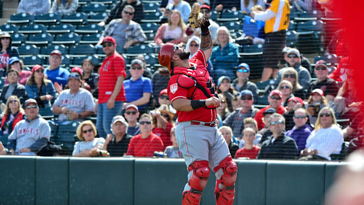 Cincinnati Reds catcher Chris Okey (68) catches a foul ball.