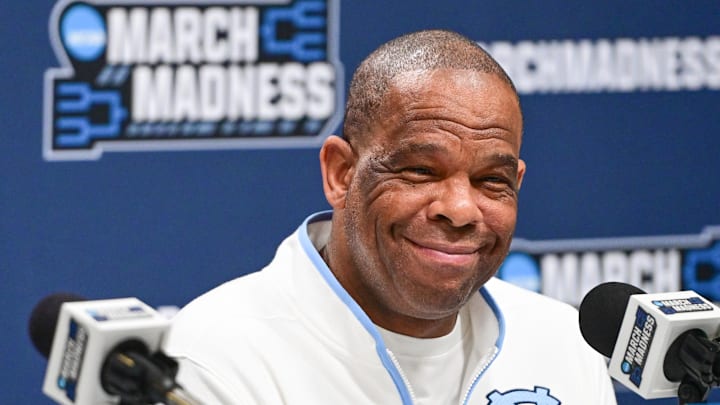 Mar 20, 2025; Milwaukee, WI, USA; North Carolina Tar Heels head coach Hubert Davis speaks at press conference during NCAA Tournament First Round Practice at Fiserv Forum. Mar 20, 2025; Milwaukee, WI, USA; North Carolina Tar Heels head coach Hubert Davis speaks at press conference during NCAA Tournament First Round Practice at Fiserv Forum.