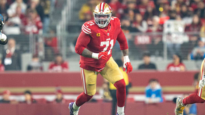 November 24, 2025; Santa Clara, California, USA; San Francisco 49ers offensive tackle Trent Williams (71) during the first quarter against the Carolina Panthers at Levi's Stadium. Mandatory Credit: Kyle Terada-Imagn Images