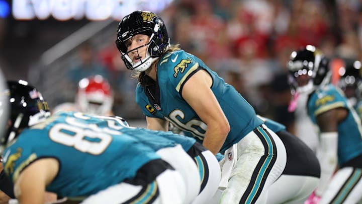 Oct 6, 2025; Jacksonville, Florida, USA; Jacksonville Jaguars quarterback Trevor Lawrence (16) at the line during the first half against the Kansas City Chiefs at EverBank Stadium. 