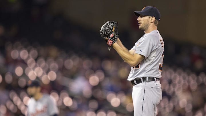 Sep 15, 2014; Minneapolis, MN, USA; Detroit Tigers starting pitcher Max Scherzer (37) gets ready to deliver a pitch in the fourth inning against the Minnesota Twins at Target Field. Mandatory Credit: Jesse Johnson-Imagn Images