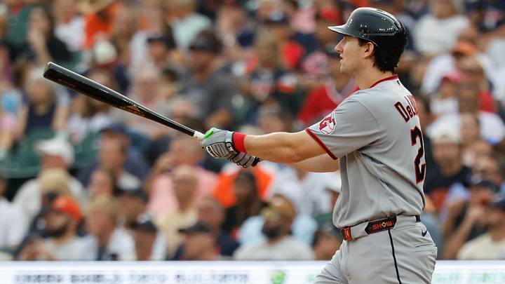 Aug 11, 2026: Cleveland Guardians right fielder Chase DeLauter (24) hits a home run in the third inning against the Detroit Tigers at Comerica Park. Credit: Rick Osentoski-Imagn Images
