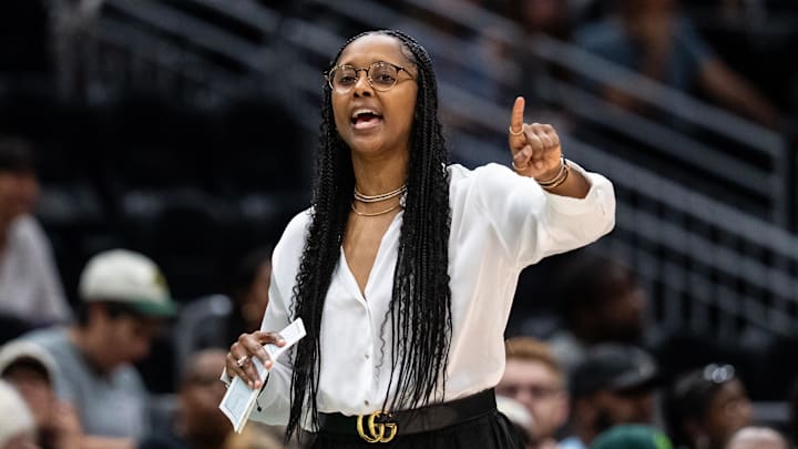 Jul 22, 2025; Seattle, Washington, USA;  Seattle Storm head coach Noelle Quinn yells to her team during the first half against the Dallas Wings at Climate Pledge Arena. Mandatory Credit: Stephen Brashear-Imagn Images