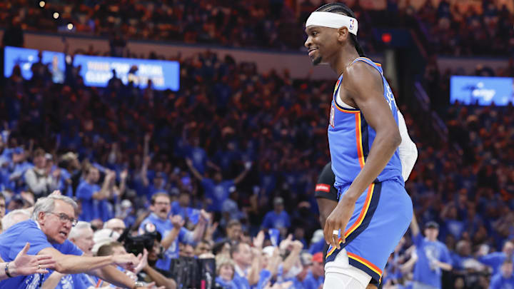 May 9, 2024; Oklahoma City, Oklahoma, USA; Oklahoma City Thunder guard Shai Gilgeous-Alexander (2) smiles at fans after scoring against the Dallas Mavericks during the second quarter of game two of the second round for the 2024 NBA playoffs at Paycom Center. Mandatory Credit: Alonzo Adams-Imagn Images