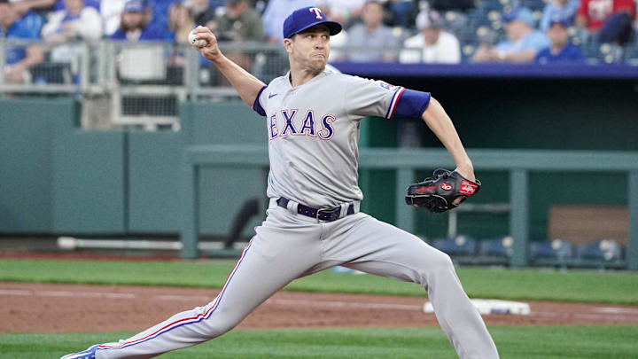 Apr 17, 2023; Kansas City, Missouri, USA; Texas Rangers starting pitcher Jacob deGrom (48) delivers a pitch against the Kansas City Royals during the first inning at Kauffman Stadium.