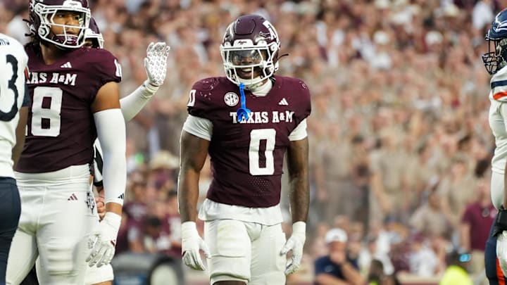 Aug 30, 2025; College Station, Texas, USA; Texas A&M Aggies linebacker Scooby Williams (0) in the second quarter against the UTSA Roadrunners at Kyle Field. Mandatory Credit: Sean Thomas-Imagn Images