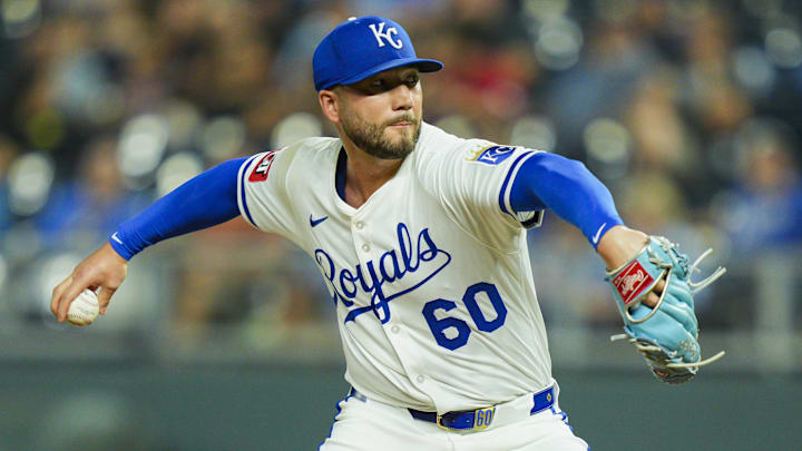 Aug 18, 2025; Kansas City, Missouri, USA; Kansas City Royals relief pitcher Lucas Erceg (60) pitches during the eighth inning against the Texas Rangers at Kauffman Stadium. Mandatory Credit: Jay Biggerstaff-Imagn Images Aug 18, 2025; Kansas City, Missouri, USA; Kansas City Royals relief pitcher Lucas Erceg (60) pitches during the eighth inning against the Texas Rangers at Kauffman Stadium. Mandatory Credit: Jay Biggerstaff-Imagn Images