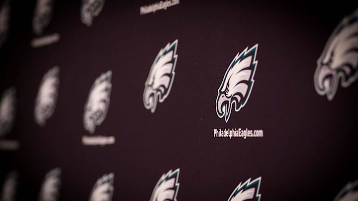 May 24, 2016; Philadelphia, PA, USA; Philadelphia Eagles graphics and logos on the interview background at OTS's at the NovaCare Complex. Mandatory Credit: Bill Streicher-Imagn Images