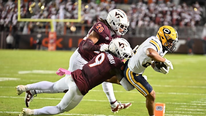 Oct 24, 2025; Blacksburg, Va.; Virginia Tech cornerback Isaiah Brown-Murray (9) knocks California wide receiver Jacob de Jesus (21) out of bounds. Oct 24, 2025; Blacksburg, Va.; Virginia Tech cornerback Isaiah Brown-Murray (9) knocks California wide receiver Jacob de Jesus (21) out of bounds.
