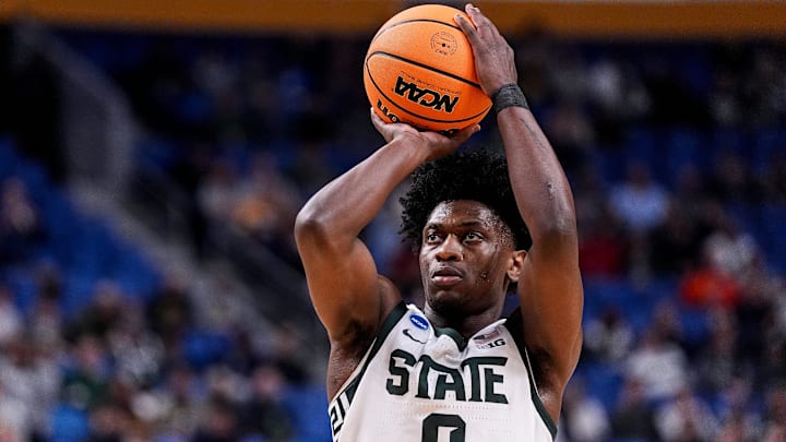 Michigan State guard Trey Fort (9) shoots a free throw against Louisville during the second half of NCAA Tournament Second Round at KeyBank Center in Buffalo on Saturday, March 21, 2026. Michigan State guard Trey Fort (9) shoots a free throw against Louisville during the second half of NCAA Tournament Second Round at KeyBank Center in Buffalo on Saturday, March 21, 2026.