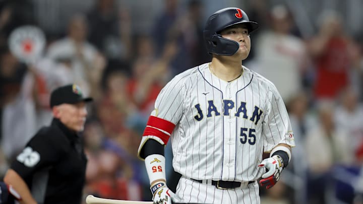 Mar 21, 2023; Miami, Florida, USA; Japan third baseman Munetaka Murakami (55) looks on after hitting a home run during the second inning against USA at LoanDepot Park. Mandatory Credit: Sam Navarro-Imagn Images Mar 21, 2023; Miami, Florida, USA; Japan third baseman Munetaka Murakami (55) looks on after hitting a home run during the second inning against USA at LoanDepot Park. Mandatory Credit: Sam Navarro-Imagn Images