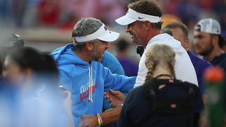 Sep 19, 2026; Oxford, Mississippi, USA; Ole Miss head coach Pete Golding interacts with Louisiana State Tigers head coach Lane Kiffin prior to the game at Vaught-Hemingway Stadium. Mandatory Credit: Petre Thomas-Imagn Images Sep 19, 2026; Oxford, Mississippi, USA; Ole Miss head coach Pete Golding interacts with Louisiana State Tigers head coach Lane Kiffin prior to the game at Vaught-Hemingway Stadium. Mandatory Credit: Petre Thomas-Imagn Images