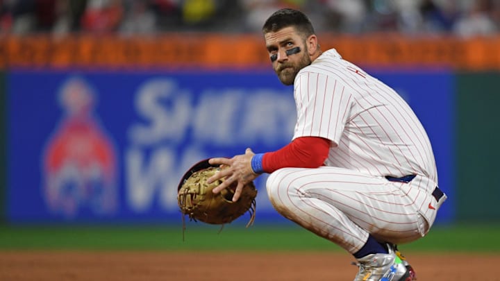 Aug 18, 2025; Philadelphia, Pennsylvania, USA;  Philadelphia Phillies first base Bryce Harper (3) takes a break during pitching change during the seventh inning against the Seattle Mariners at Citizens Bank Park.