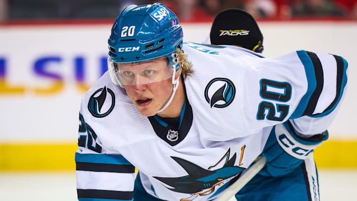 Apr 18, 2024; Calgary, Alberta, CAN; San Jose Sharks left wing Fabian Zetterlund (20) during the