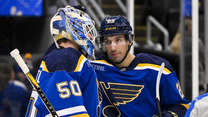 Nov 5, 2024; St. Louis, Missouri, USA; St. Louis Blues goaltender Jordan Binnington (50) celebrates with center Jordan Kyrou (25) after the Blues defeated the Tampa Bay Lightning at Enterprise Center. Mandatory Credit: Jeff Curry-Imagn Images Nov 5, 2024; St. Louis, Missouri, USA; St. Louis Blues goaltender Jordan Binnington (50) celebrates with center Jordan Kyrou (25) after the Blues defeated the Tampa Bay Lightning at Enterprise Center. Mandatory Credit: Jeff Curry-Imagn Images
