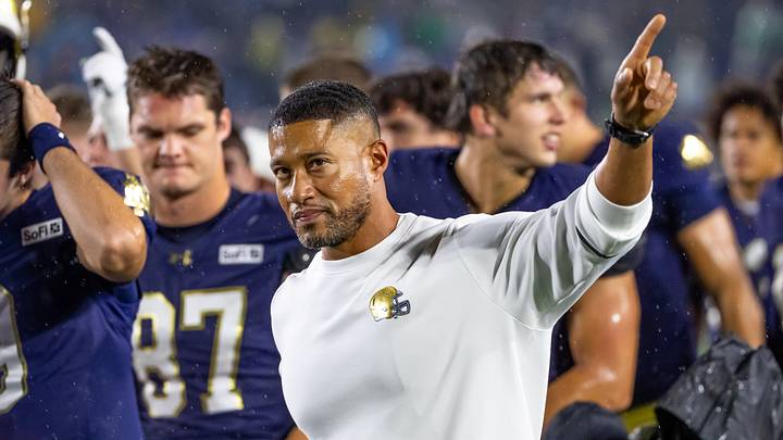 Sep 19, 2026; South Bend, Indiana, USA; Notre Dame Fighting Irish head coach Marcus Freeman points to the crowd after beating the Michigan State Spartans half at Notre Dame Stadium. Sep 19, 2026; South Bend, Indiana, USA; Notre Dame Fighting Irish head coach Marcus Freeman points to the crowd after beating the Michigan State Spartans half at Notre Dame Stadium.