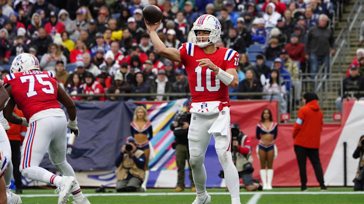 Oct 13, 2024; Foxborough, Massachusetts, USA; New England Patriots quarterback Drake Maye (10) throws the ball against the Houston Texans during the second half at Gillette Stadium. Mandatory Credit: Gregory Fisher-Imagn Images