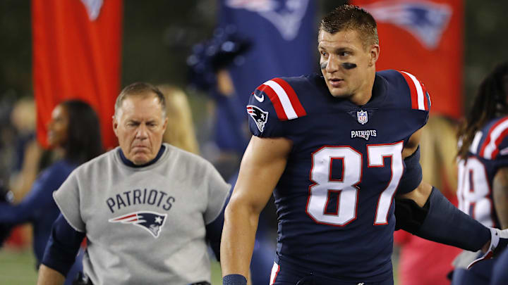 Sep 22, 2016; Foxborough, MA, USA; New England Patriots tight end Rob Gronkowski (87) and Patriots head coach Bill Belichick walk along the sidelines before their game against the Houston Texans at Gillette Stadium. Mandatory Credit: Winslow Townson-Imagn Images Sep 22, 2016; Foxborough, MA, USA; New England Patriots tight end Rob Gronkowski (87) and Patriots head coach Bill Belichick walk along the sidelines before their game against the Houston Texans at Gillette Stadium. Mandatory Credit: Winslow Townson-Imagn Images