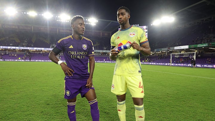 Feb 25, 2023; Orlando, Florida, USA; Orlando City SC forward Ivan Angulo (77) talks with New York