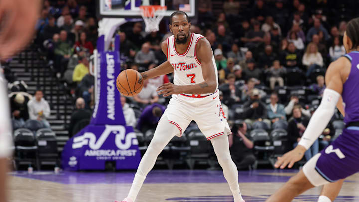 Dec 1, 2025; Salt Lake City, Utah, USA;  Houston Rockets forward Kevin Durant (7) looks to pass the ball during the second half against the Utah Jazz at Delta Center. Mandatory Credit: Chris Nicoll-Imagn Images