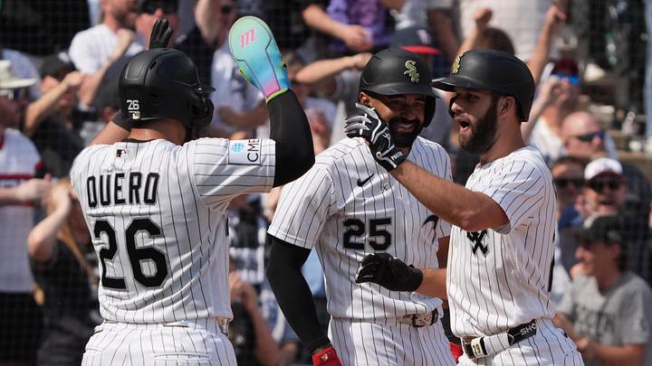 May 17, 2026; Chicago, Illinois, USA; Chicago White Sox center fielder Tristan Peters (29) is greeted by right fielder Derek Hill (25) and catcher Edgar Quero (26) after hitting a three-run home run against the Chicago Cubs during the eighth inning at Rate Field. Mandatory Credit: David Banks-Imagn Images May 17, 2026; Chicago, Illinois, USA; Chicago White Sox center fielder Tristan Peters (29) is greeted by right fielder Derek Hill (25) and catcher Edgar Quero (26) after hitting a three-run home run against the Chicago Cubs during the eighth inning at Rate Field. Mandatory Credit: David Banks-Imagn Images
