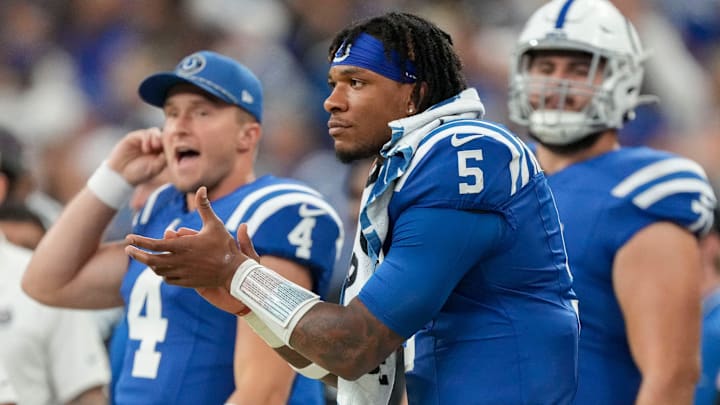 Indianapolis Colts quarterback Anthony Richardson (5) watches the action on the field from the sideline Sunday, Sept. 29, 2024, during a game against the Pittsburgh Steelers at Lucas Oil Stadium in Indianapolis.
