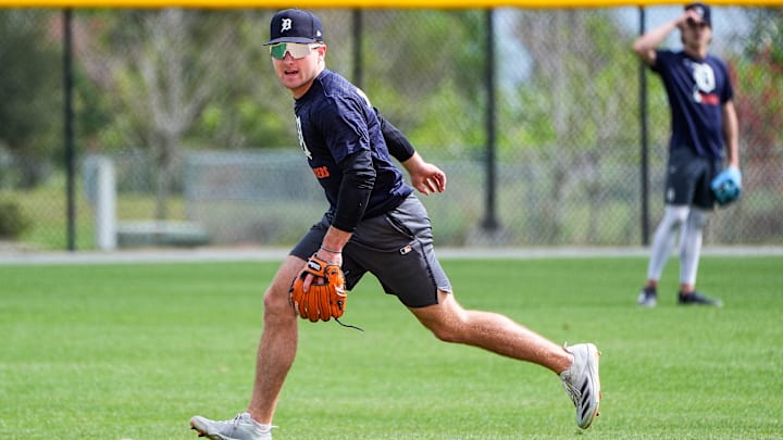 Detroit Tigers prospect Kevin McGonigle practices during spring training at TigerTown in Lakeland on Friday, Feb. 20, 2025.