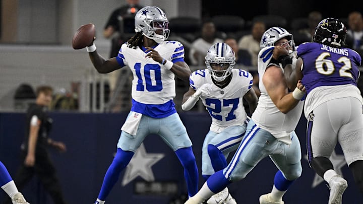 Dallas Cowboys quarterback Joe Milton III throws the ball during the first quarter against the Baltimore Ravens.