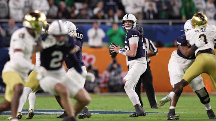 Penn State Nittany Lions quarterback Drew Allar looks to pass in the second half against the Notre Dame Fighting Irish in the Orange Bowl at Hard Rock Stadium.