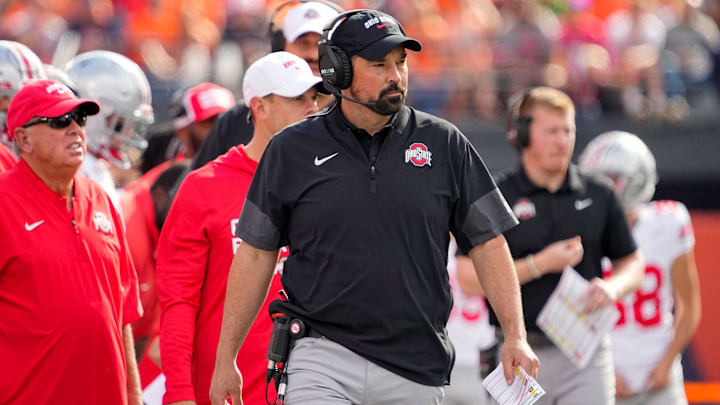 Ohio State Buckeyes head coach Ryan Day watches during the second half of the NCAA football game against the Illinois Fighting Illini at Gies Memorial Stadium in Champaign on Oct. 11, 2025. Ohio State won 34-16.