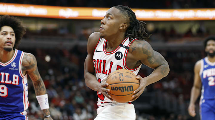 Dec 8, 2024; Chicago, Illinois, USA; Chicago Bulls guard Ayo Dosunmu (11) drives to the basket