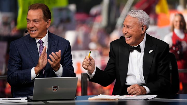 Nick Saban, left, and Lee Corso talk on the set of ESPN College GameDay prior to the NCAA football game between the Ohio State Buckeyes and the Texas Longhorns at Ohio Stadium on Aug. 30, 2025.