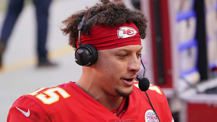 Dec 27, 2020; Kansas City, MO, USA; Kansas City Chiefs quarterback Patrick Mahomes (15) is interviewed after the game against the Atlanta Falcons at Arrowhead Stadium. Mandatory Credit: Denny Medley-Imagn Images
