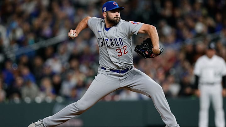 Sep 11, 2023; Denver, Colorado, USA; Chicago Cubs relief pitcher Michael Fulmer (32) pitches in the ninth inning against the Colorado Rockies at Coors Field. 
