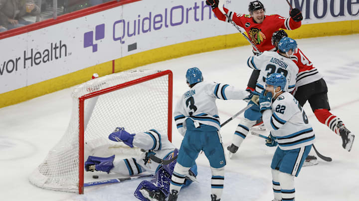 Mar 17, 2024; Chicago, Illinois, USA; Chicago Blackhawks right wing Joey Anderson (15) scores