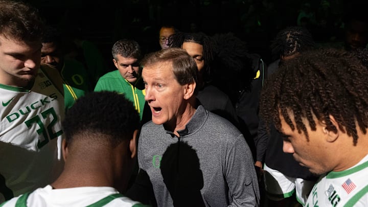 Oregon men's basketball coach Dana Altman talks to his team before their game against Troy at Matthew Knight Arena in Eugene Sunday, Nov. 17, 2024. Oregon men's basketball coach Dana Altman talks to his team before their game against Troy at Matthew Knight Arena in Eugene Sunday, Nov. 17, 2024.