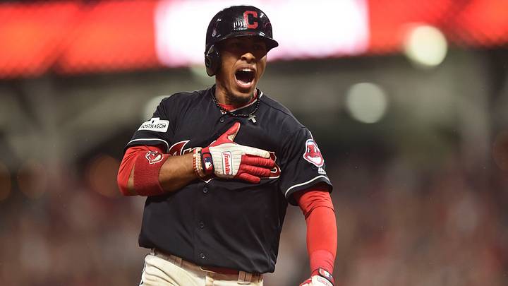Oct 6, 2017: Cleveland Indians shortstop Francisco Lindor (12) celebrates after hitting a grand slam during the sixth inning in game two of the 2017 ALDS against the New York Yankees at Progressive Field. Credit: Ken Blaze-USA TODAY Sports