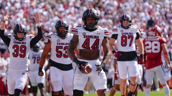 South Carolina Gamecocks tight end Maurice Brown II celebrates after scoring a 2-point conversion during a college football game between the University of Oklahoma Sooners (OU) and the South Carolina Gamecocks at Gaylord Family - Oklahoma Memorial Stadium in Norman, Okla., Saturday, Oct. 19, 2024. South Carolina Gamecocks tight end Maurice Brown II celebrates after scoring a 2-point conversion during a college football game between the University of Oklahoma Sooners (OU) and the South Carolina Gamecocks at Gaylord Family - Oklahoma Memorial Stadium in Norman, Okla., Saturday, Oct. 19, 2024.