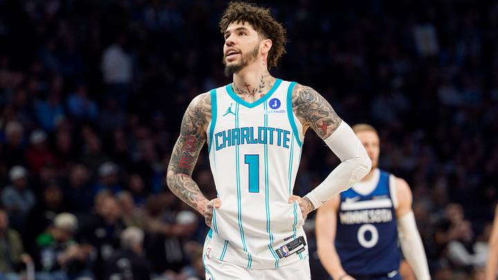 Apr 5, 2026; Minneapolis, Minnesota, USA; Charlotte Hornets guard LaMelo Ball (1) during a stoppage in the first quarter against the Minnesota Timberwolves at Target Center. 