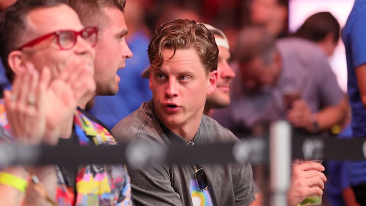 Mar 9, 2024; Miami, Florida, USA; Cincinnati Bengals quarterback Joe Burrow watches the fight between Jack Della Maddalena and Gilbert Burns during UFC 299 at Kayesa Center. Mandatory Credit: Sam Navarro-Imagn Images