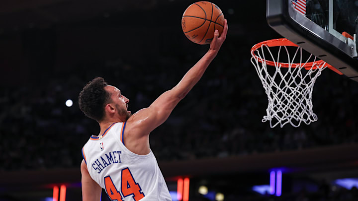 Oct 13, 2024; New York, New York, USA; New York Knicks guard Landry Shamet (44) lays the ball up for a basket  during the first half against the Minnesota Timberwolves at Madison Square Garden. Mandatory Credit: Vincent Carchietta-Imagn Images
