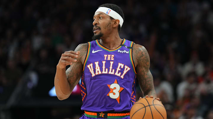 Dec 21, 2024; Phoenix, Arizona, USA; Phoenix Suns guard Bradley Beal (3) dribbles against the Detroit Pistons during the first half at Footprint Center. Mandatory Credit: Joe Camporeale-Imagn Images