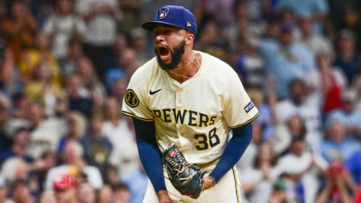 Sep 18, 2024; Milwaukee, Wisconsin, USA; Milwaukee Brewers pitcher Devin Williams (38) reacts after pitching in the ninth inning against the Philadelphia Phillies at American Family Field. Mandatory Credit: Benny Sieu-Imagn Images Sep 18, 2024; Milwaukee, Wisconsin, USA; Milwaukee Brewers pitcher Devin Williams (38) reacts after pitching in the ninth inning against the Philadelphia Phillies at American Family Field. Mandatory Credit: Benny Sieu-Imagn Images