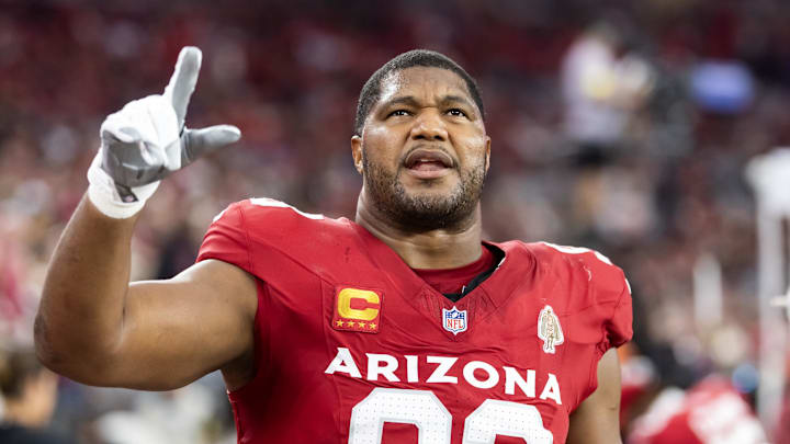 Nov 23, 2025; Glendale, Arizona, USA; Arizona Cardinals defensive lineman Calais Campbell (93) against the Jacksonville Jaguars at State Farm Stadium. Mandatory Credit: Mark J. Rebilas-Imagn Images Nov 23, 2025; Glendale, Arizona, USA; Arizona Cardinals defensive lineman Calais Campbell (93) against the Jacksonville Jaguars at State Farm Stadium. Mandatory Credit: Mark J. Rebilas-Imagn Images