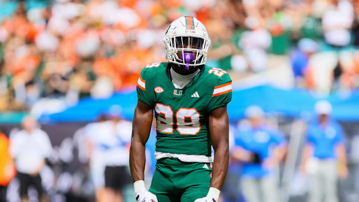 Nov 2, 2024; Miami Gardens, Florida, USA; Miami Hurricanes defensive back OJ Frederique Jr. (29) reacts after breaking pass against the Duke Blue Devils during the first quarter at Hard Rock Stadium. Mandatory Credit: Sam Navarro-Imagn Images Nov 2, 2024; Miami Gardens, Florida, USA; Miami Hurricanes defensive back OJ Frederique Jr. (29) reacts after breaking pass against the Duke Blue Devils during the first quarter at Hard Rock Stadium. Mandatory Credit: Sam Navarro-Imagn Images