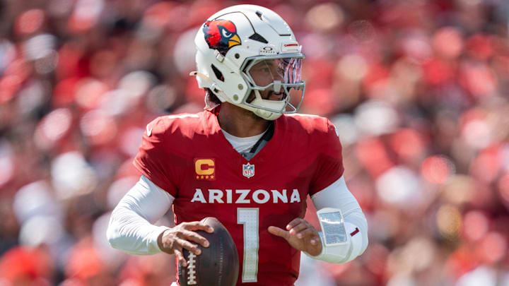 September 21, 2025; Santa Clara, California, USA; Arizona Cardinals quarterback Kyler Murray (1) during the first quarter against the San Francisco 49ers at Levi's Stadium. Mandatory Credit: Kyle Terada-Imagn Images