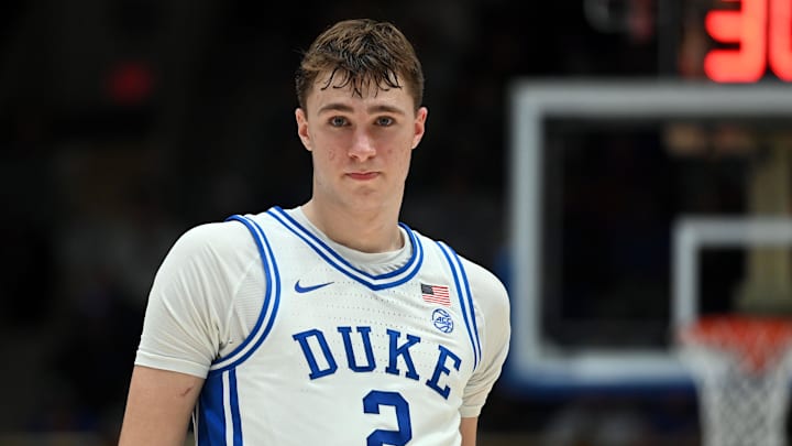 Dec 4, 2024; Durham, North Carolina, USA; Duke Blue Devils forward Cooper Flagg (2) during the second half against the Auburn Tigers at Cameron Indoor Stadium. The Blue Devils won 84-78. Mandatory Credit: Rob Kinnan-Imagn Images Dec 4, 2024; Durham, North Carolina, USA; Duke Blue Devils forward Cooper Flagg (2) during the second half against the Auburn Tigers at Cameron Indoor Stadium. The Blue Devils won 84-78. Mandatory Credit: Rob Kinnan-Imagn Images