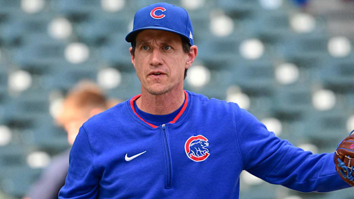 Jul 28, 2025; Milwaukee, Wisconsin, USA;  Chicago Cubs manager Craig Counsell looks on during batting practice before game against the Milwaukee Brewers at American Family Field.