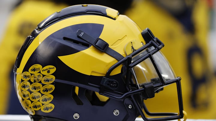 Apr 1, 2023; Ann Arbor, MI, USA;   Michigan Wolverines helmet on the sideline during the Spring Game at Michigan Stadium. Mandatory Credit: Rick Osentoski-Imagn Images