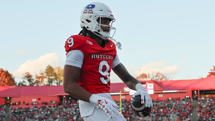 Nov 8, 2025; Piscataway, New Jersey, USA; Rutgers Scarlet Knights wide receiver Ian Strong (9) celebrates after a touchdown reception during the first half against the Maryland Terrapins at SHI Stadium. Mandatory Credit: Vincent Carchietta-Imagn Images